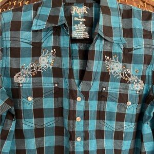 Wrangler Turquoise and Black Embroidered Plaid Shirt